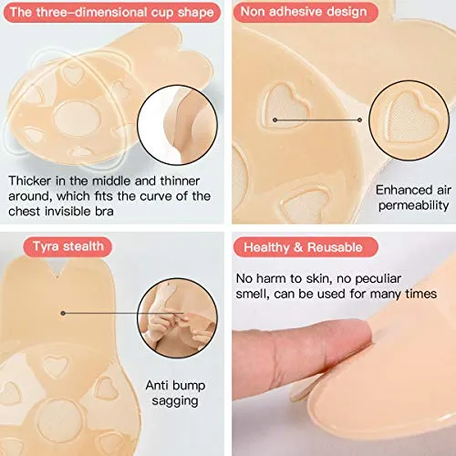 2 Pairs Sticky Bra Invisible Adhesive Bra, Backless Strapless Reusable Push Up Lift Nipple Covers for Women