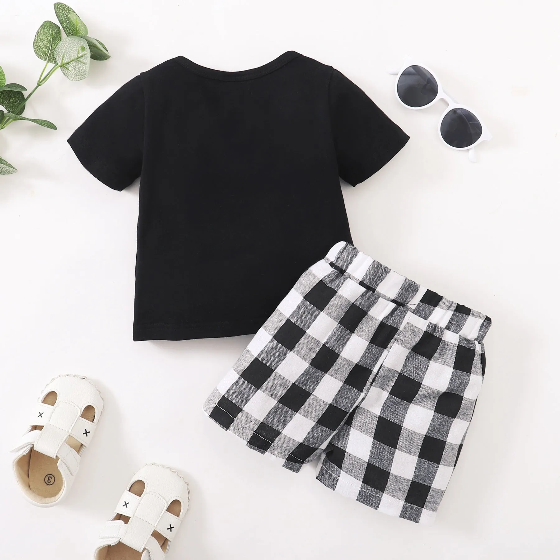 2 Pieces Set Baby Boys Letters Print T-Shirts And Checked Shorts