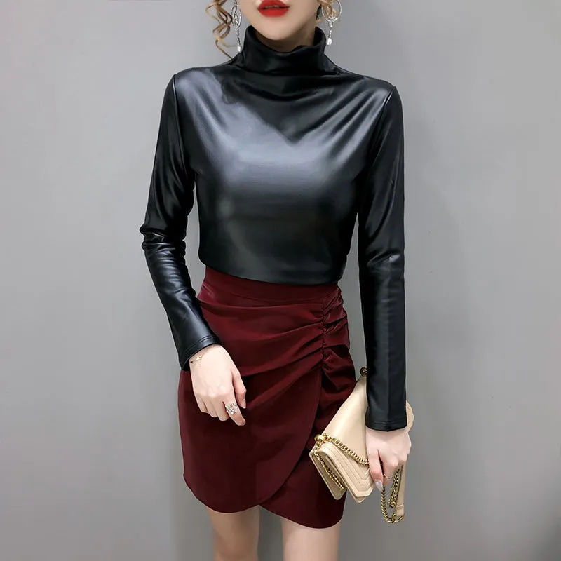 2021 Winter Long Sleeve Turtleneck Pu Leather T-Shirts Women Plus Fleece Warm Pu Leather Pullovers W