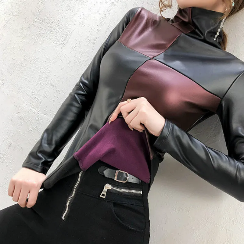 2021 Winter Long Sleeve Turtleneck Pu Leather T-Shirts Women Plus Fleece Warm Pu Leather Pullovers W