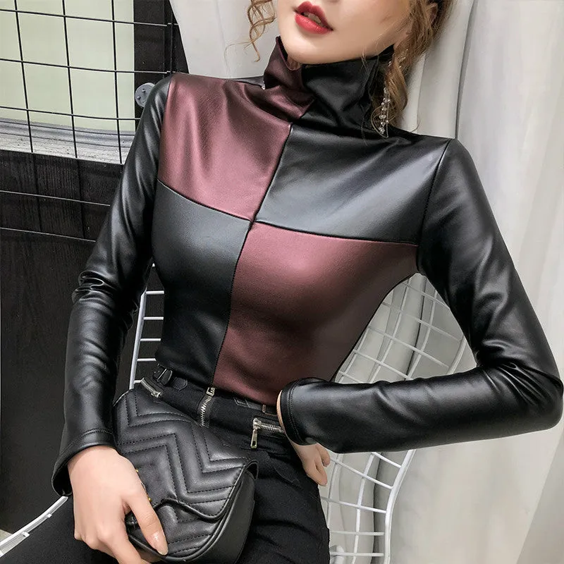 2021 Winter Long Sleeve Turtleneck Pu Leather T-Shirts Women Plus Fleece Warm Pu Leather Pullovers W