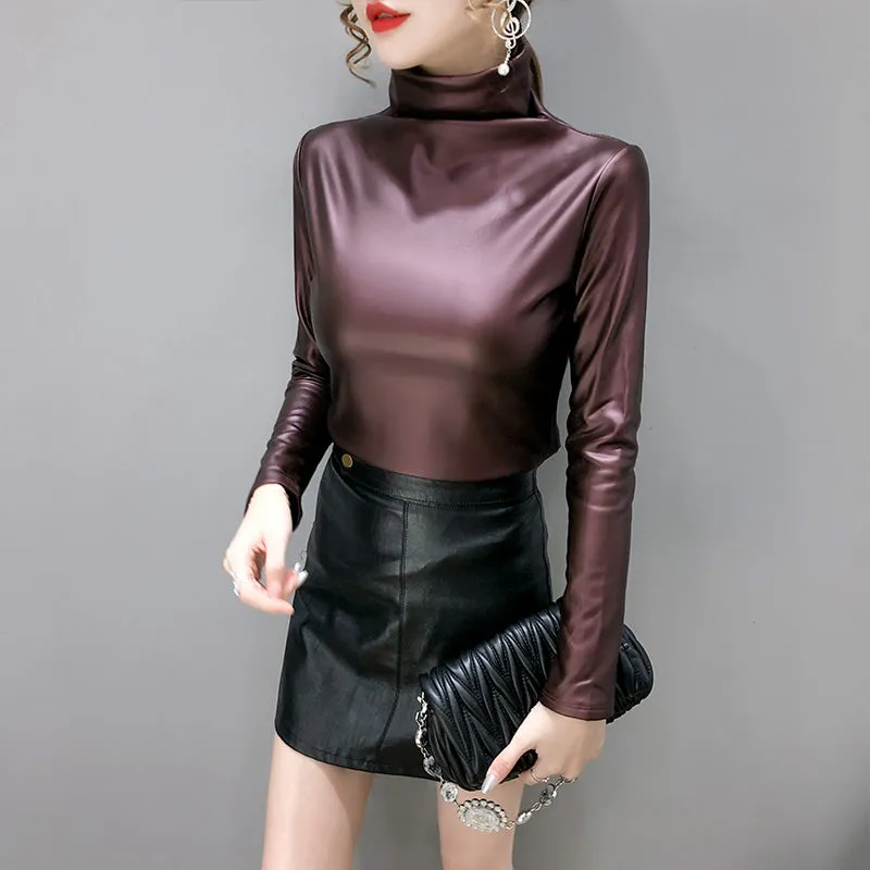 2021 Winter Long Sleeve Turtleneck Pu Leather T-Shirts Women Plus Fleece Warm Pu Leather Pullovers W