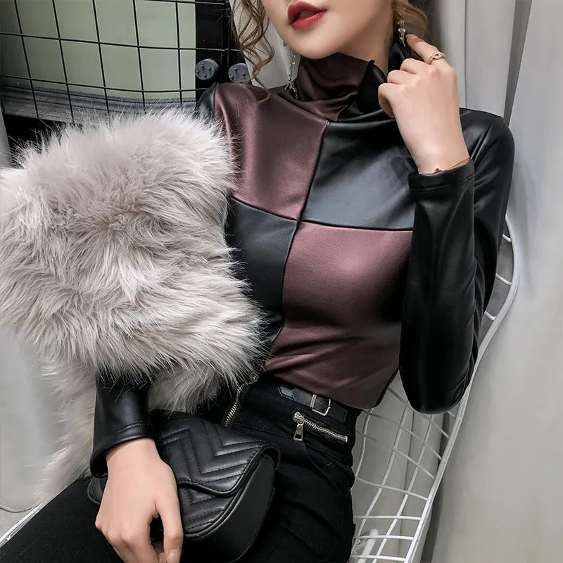 2021 Winter Long Sleeve Turtleneck Pu Leather T-Shirts Women Plus Fleece Warm Pu Leather Pullovers W