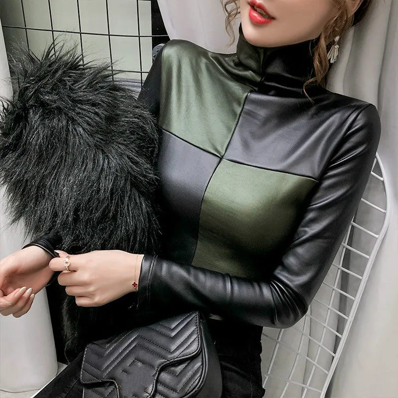 2021 Winter Long Sleeve Turtleneck Pu Leather T-Shirts Women Plus Fleece Warm Pu Leather Pullovers W