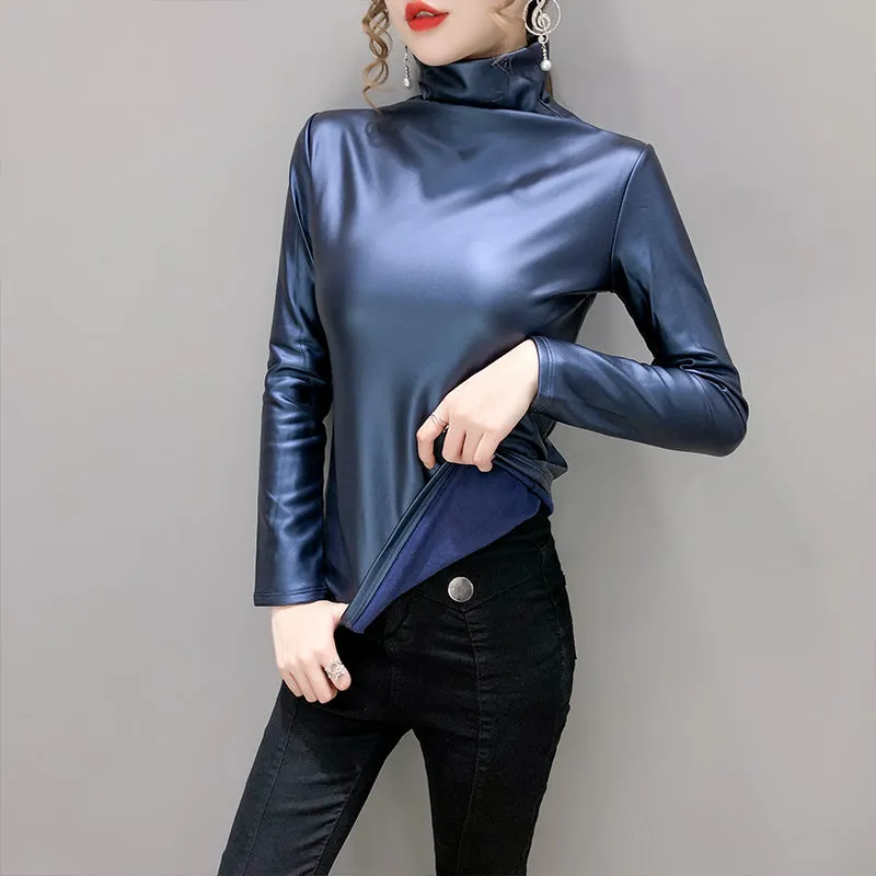 2021 Winter Long Sleeve Turtleneck Pu Leather T-Shirts Women Plus Fleece Warm Pu Leather Pullovers W