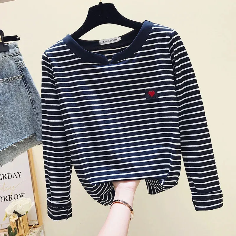 2022 Women Striped T Shirts Long Sleeve 95% Cotton Tops Casual Women Autumn T Shirts Tops Women Tops