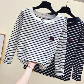 2022 Women Striped T Shirts Long Sleeve 95% Cotton Tops Casual Women Autumn T Shirts Tops Women Tops