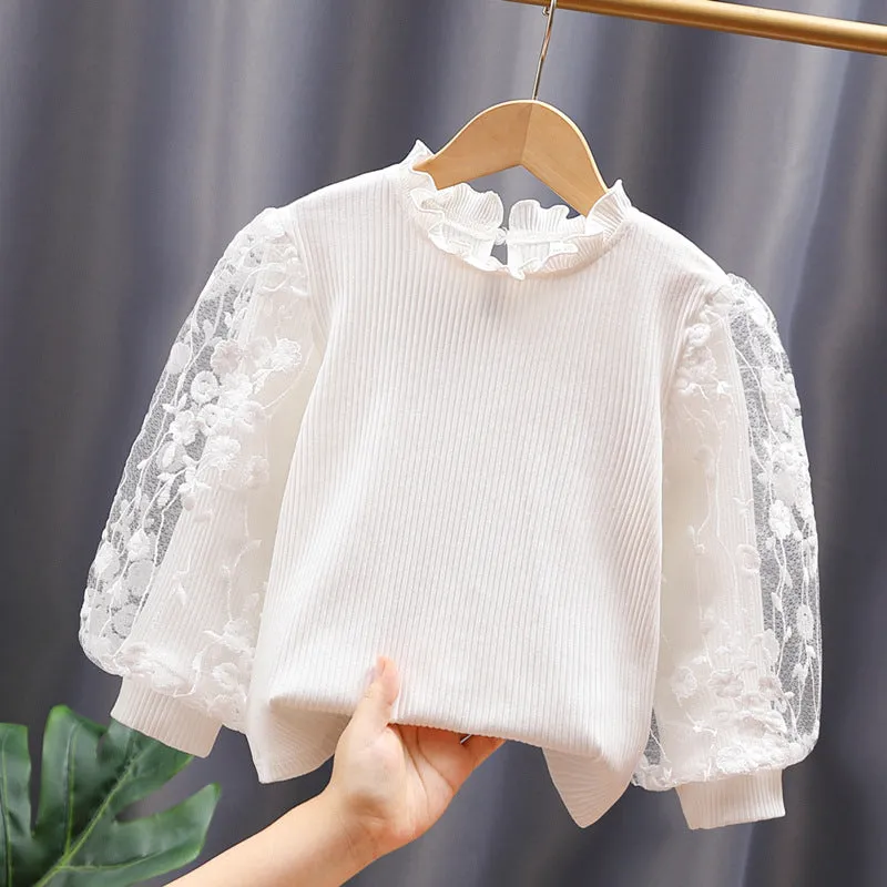 3-11Years Kids Girls White Mock Neck Lace Bubble Sleeve Pit Striped Top Bottoming Shirt Wholesale Childrens Clothing In Bulk