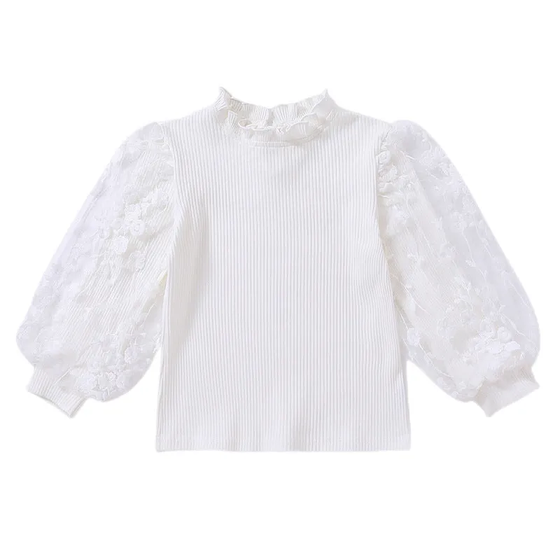 3-11Years Kids Girls White Mock Neck Lace Bubble Sleeve Pit Striped Top Bottoming Shirt Wholesale Childrens Clothing In Bulk