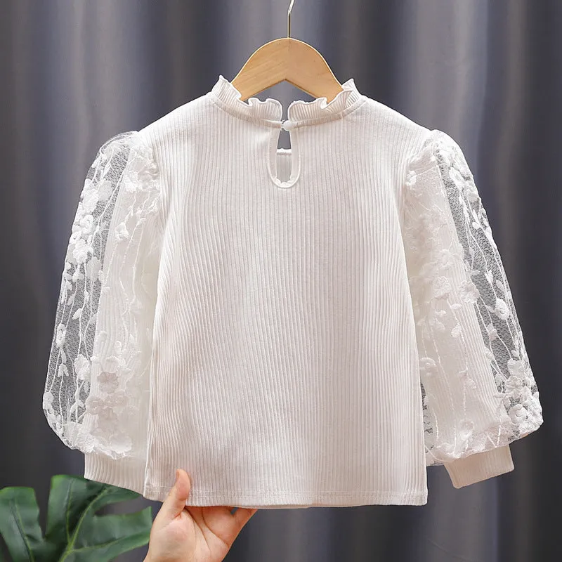 3-11Years Kids Girls White Mock Neck Lace Bubble Sleeve Pit Striped Top Bottoming Shirt Wholesale Childrens Clothing In Bulk