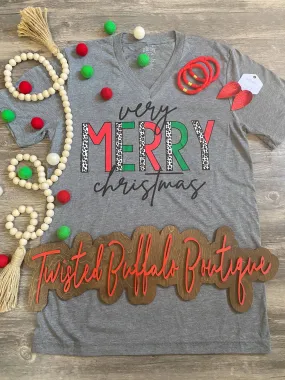 {A VERY MERRY CHRISTMAS} Leopard Style Gray V-Neck