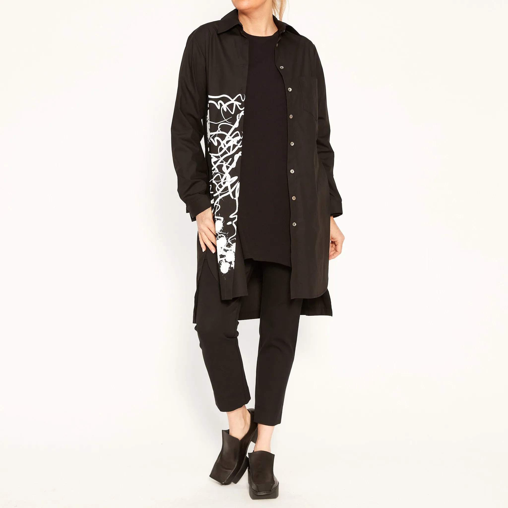 Angie Black Shirt with Abstract White Print