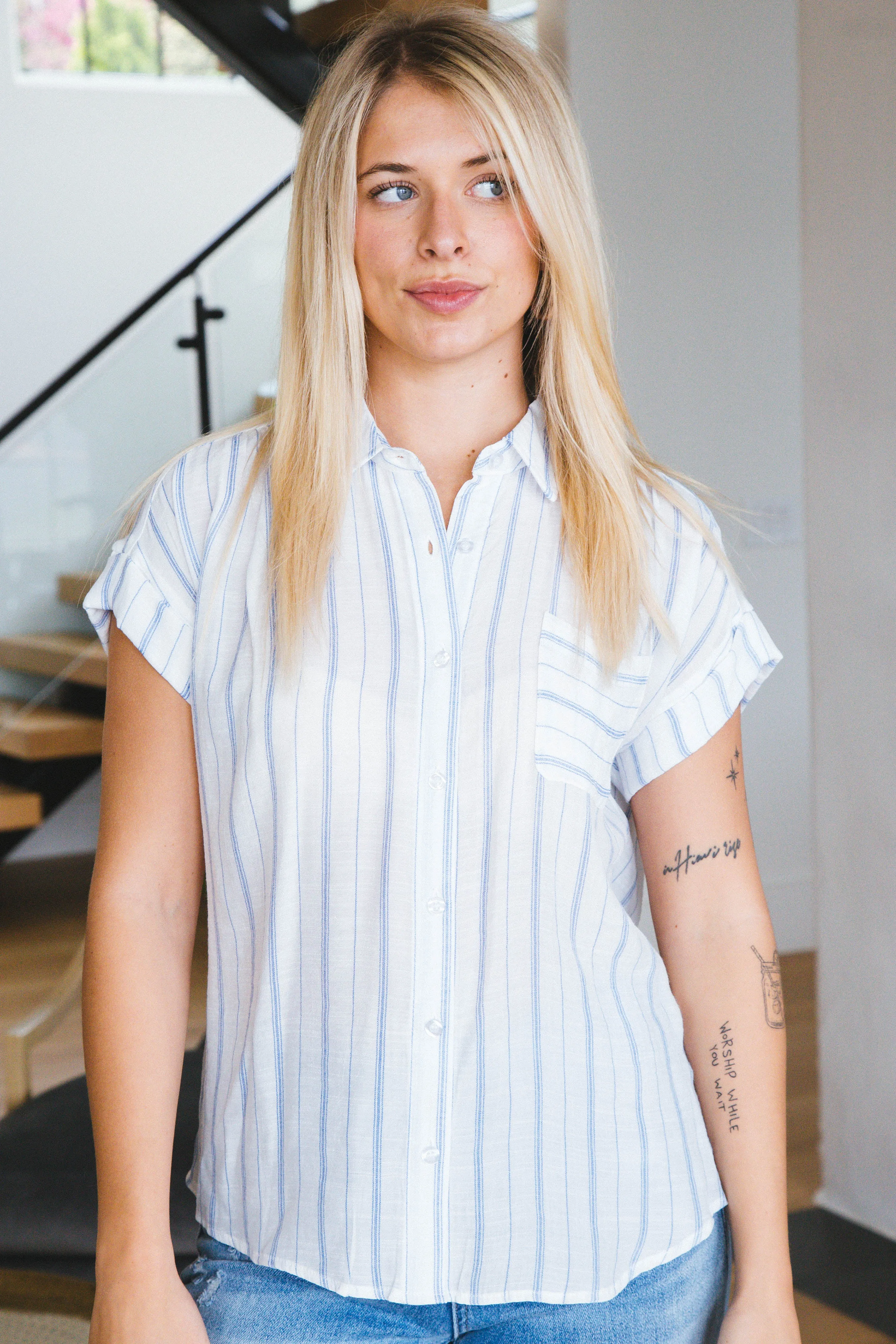 Audrey Striped Button Up Shirt, Royal Blue