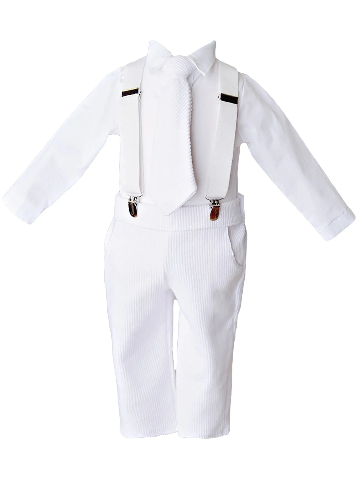 Baby Boys White Knit 4pc Romper Pants Tie Suspenders Christening Outfit NB-24M