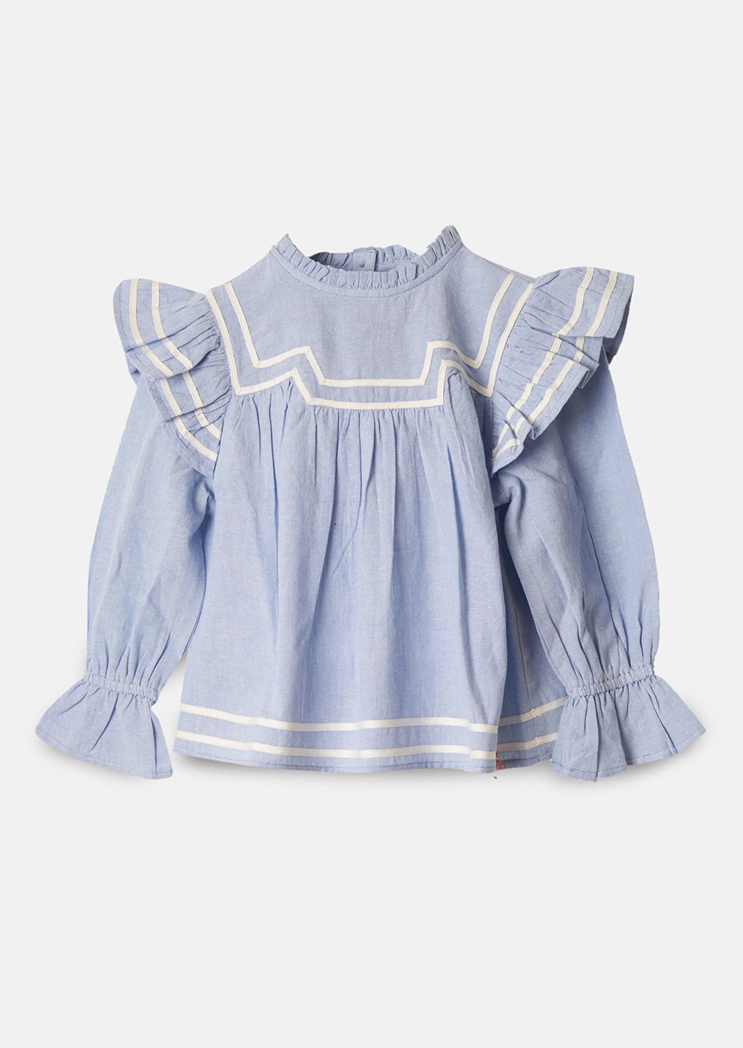 Beatrix Chambray Ruffle Shoulder Blouse