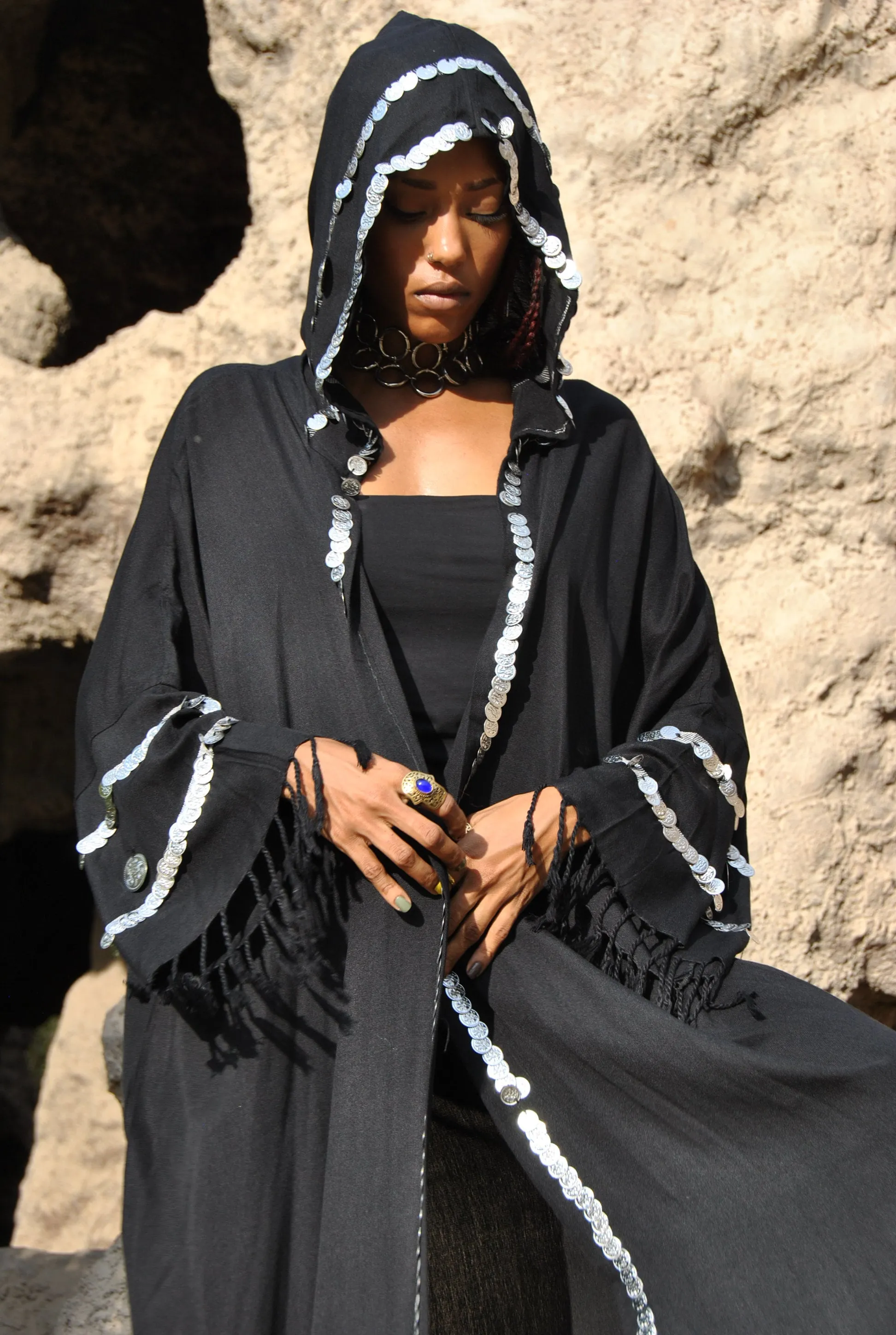 Black gypsy Cotton Kimono with hand stitched coins, festival Kimono, bohemian kimono, Hooded kimono, Light wool / cotton Kimono, Abayas