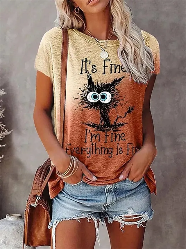 Cat Letter Print Women's Short Sleeves T-shirt with Round Neck