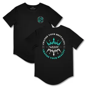 Change Your Reality Curved Hem T Shirt - Black / Bright Turquoise