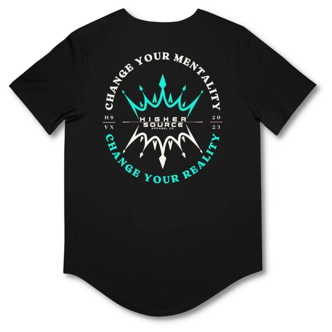 Change Your Reality Curved Hem T Shirt - Black / Bright Turquoise