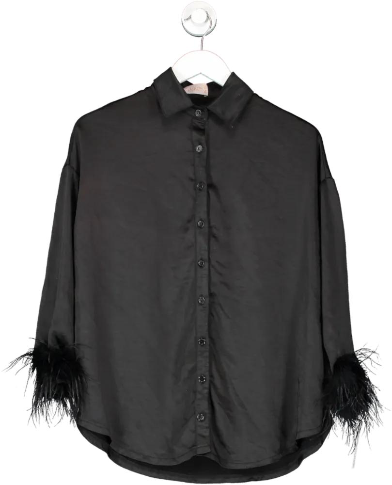 Club L Black Feather Trimmed Satin Shirt UK 8