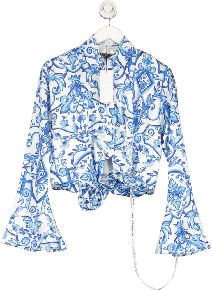 Club L White Marisela Porcelain Print Satin Flared Sleeve Cropped Shirt UK 6