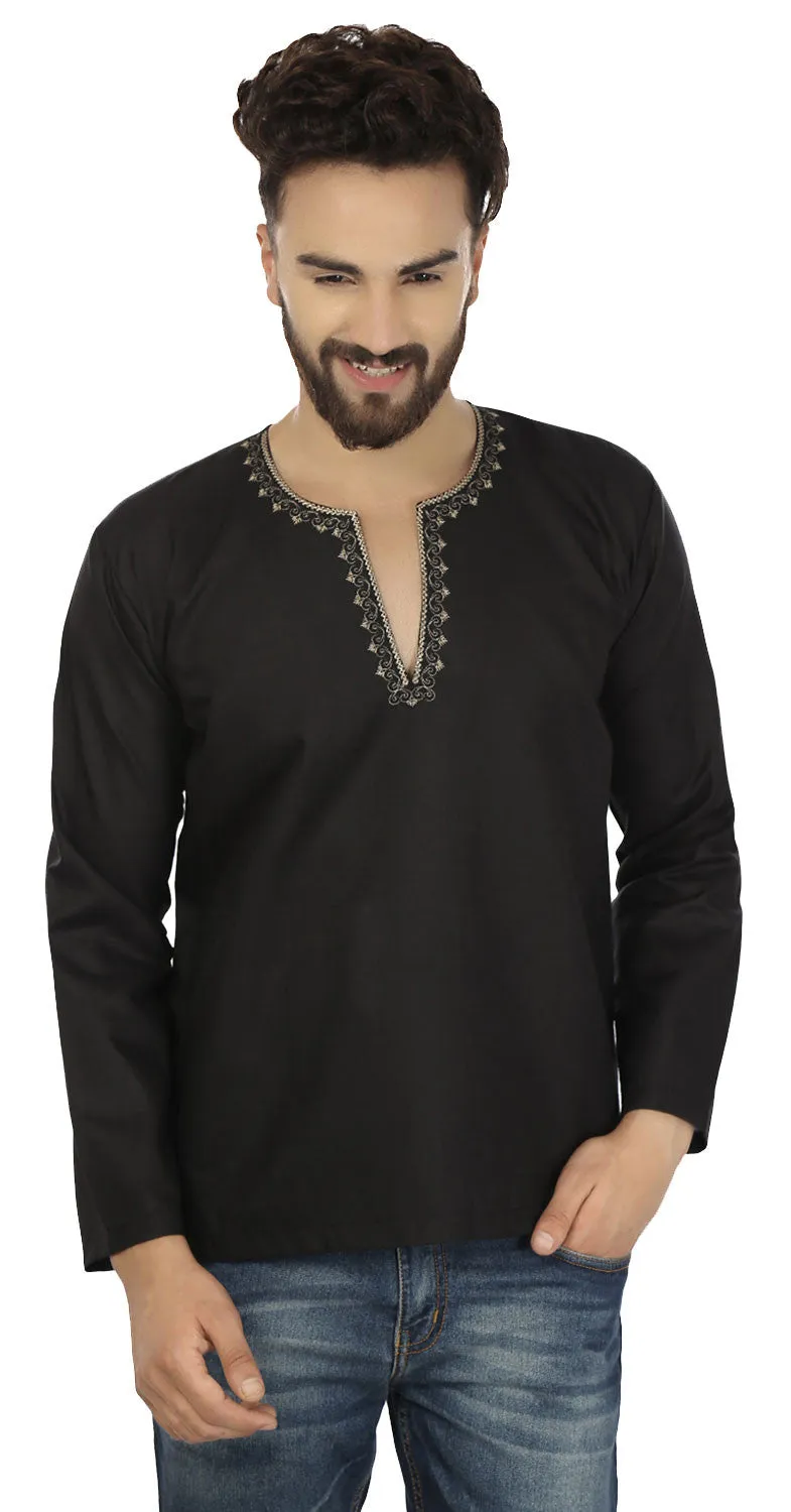 Cotton Dress Mens Short Kurta Shirt Indian Fashion Clothing (Black)