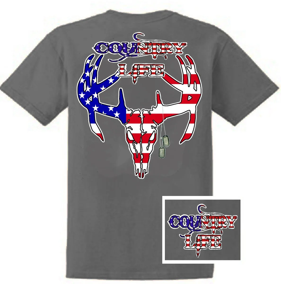 Country Life Outfitters USA American Flag Deer Skull Head Vintage Unisex Gray Bright T Shirt