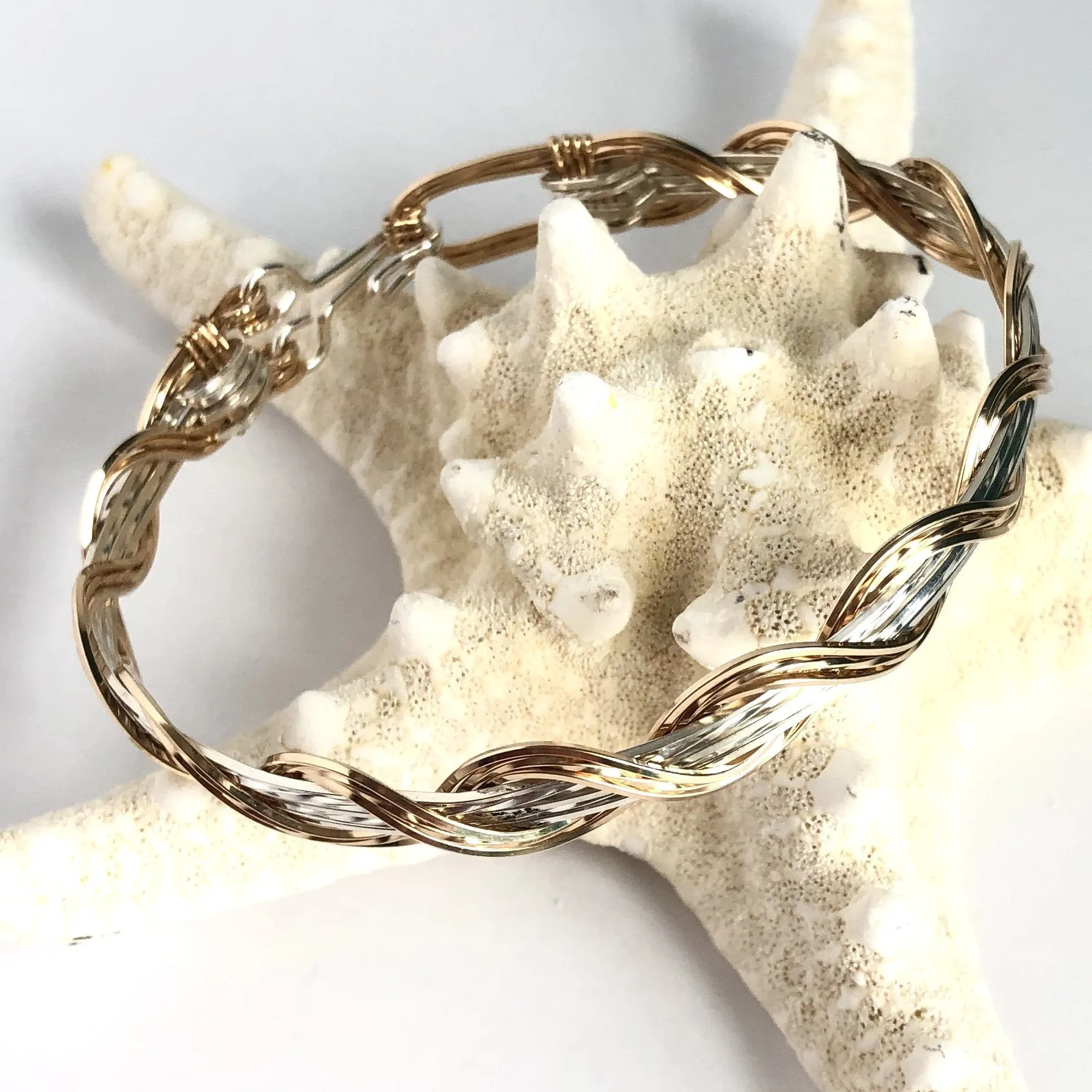 Custom Beach Waves Sterling Silver and 14K Gold Bangle Bracelet