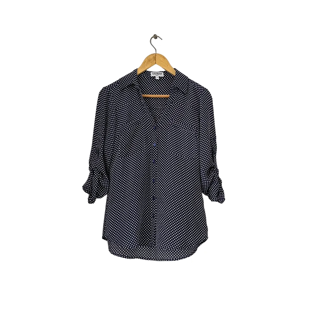 Express Navy and White Polka Dot Collard Top | Gently Used |