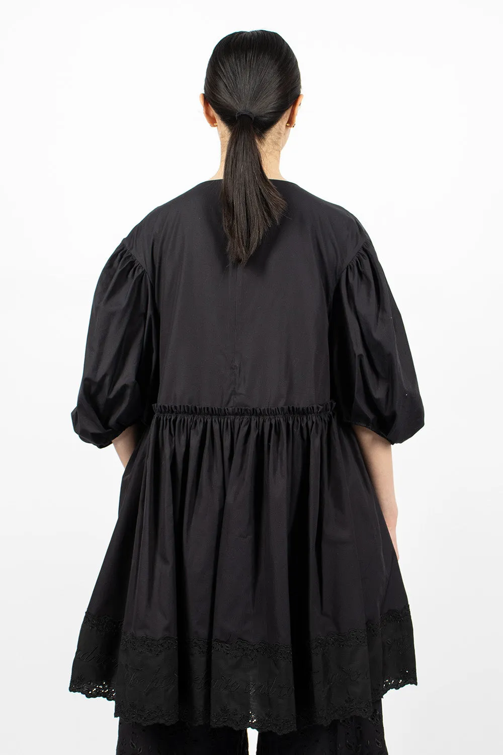 Elegant Black Front Bow Smock Dress with Adjustable Waist