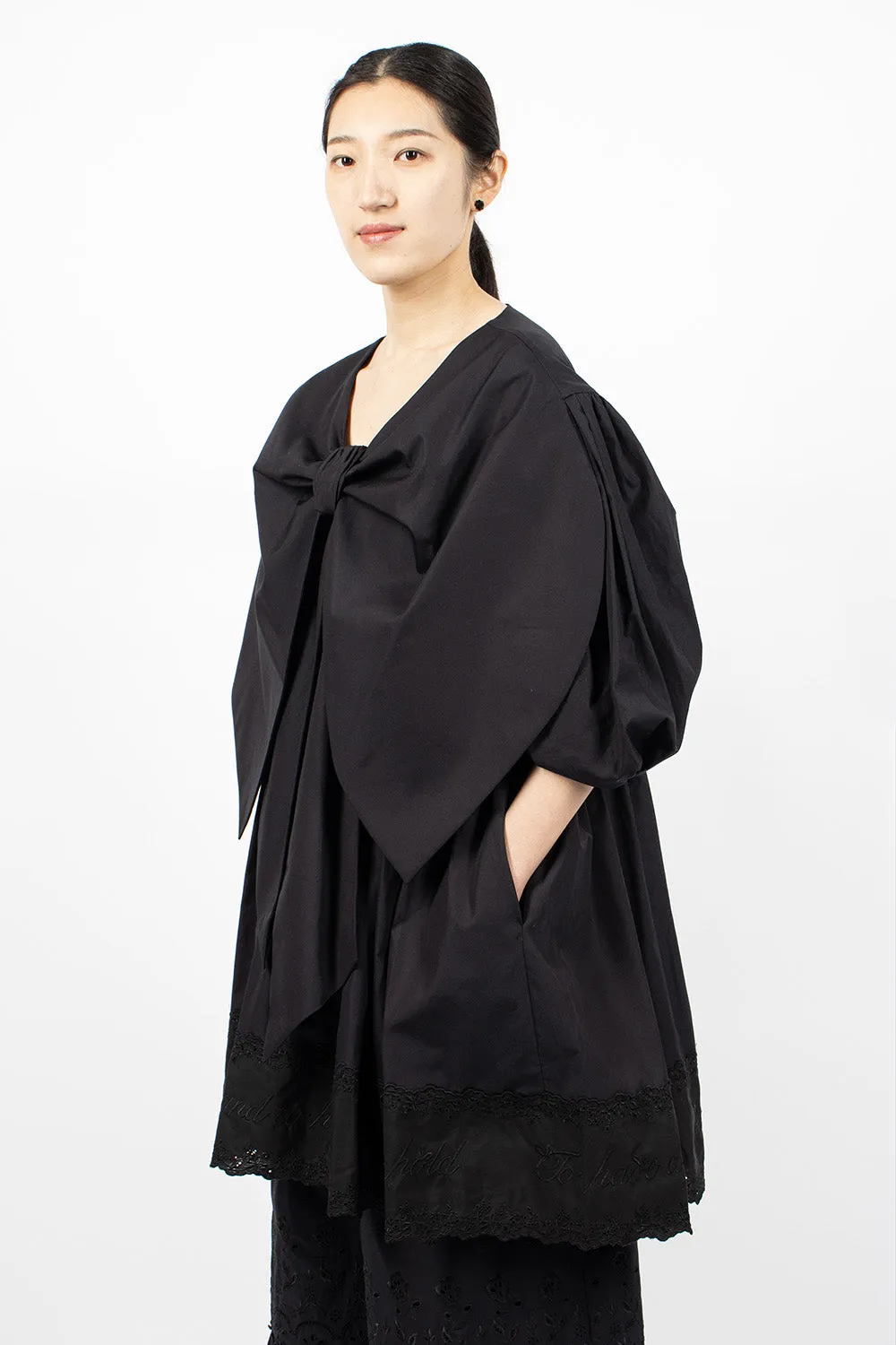 Elegant Black Front Bow Smock Dress with Adjustable Waist