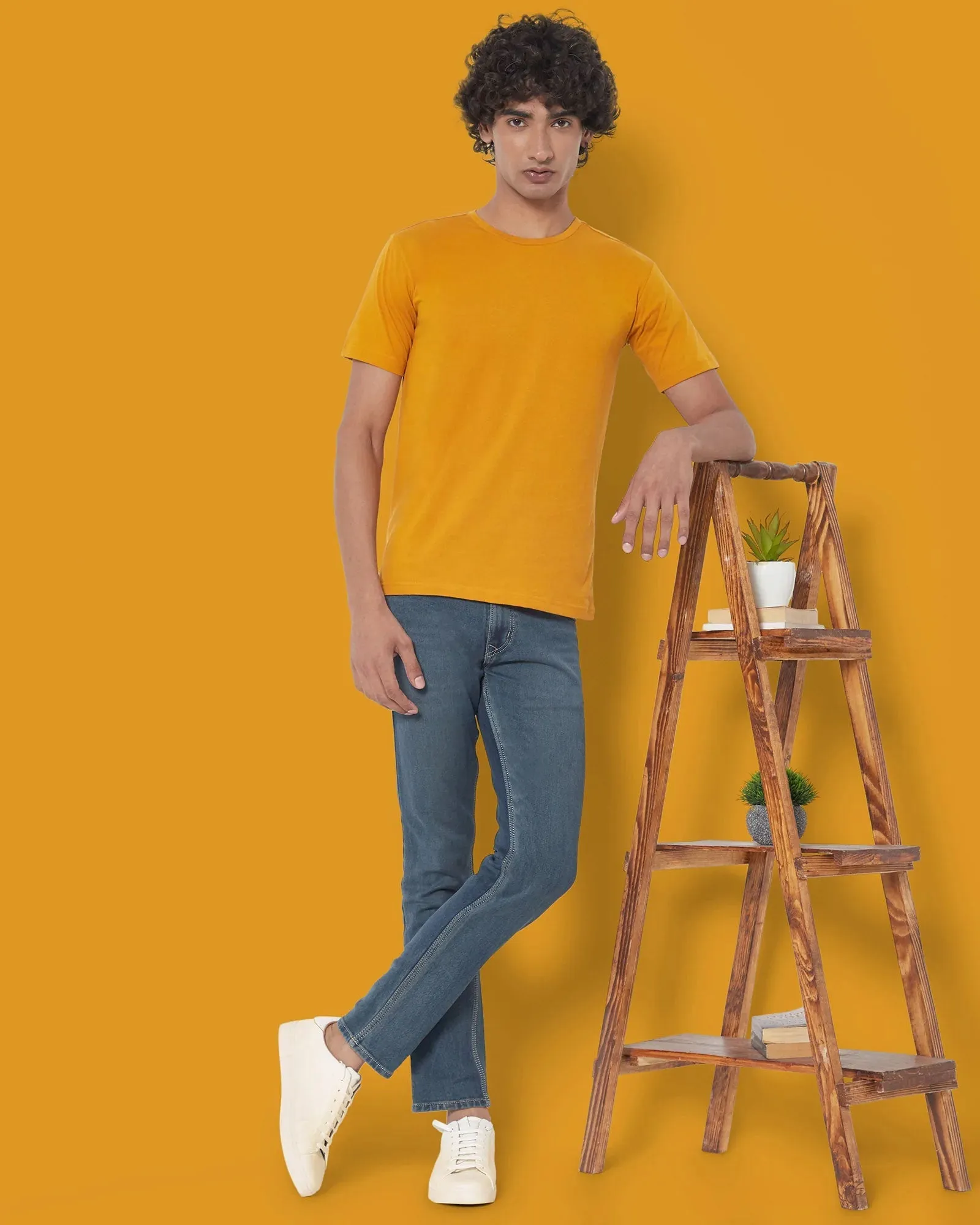 Half Sleeves Crew Neck: Mustard