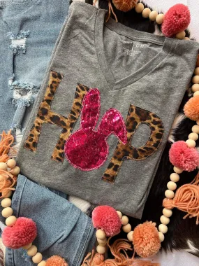 {HOP!} Leopard   Sparkly Pink Fabric Appliquéd Gray V-Neck Tee