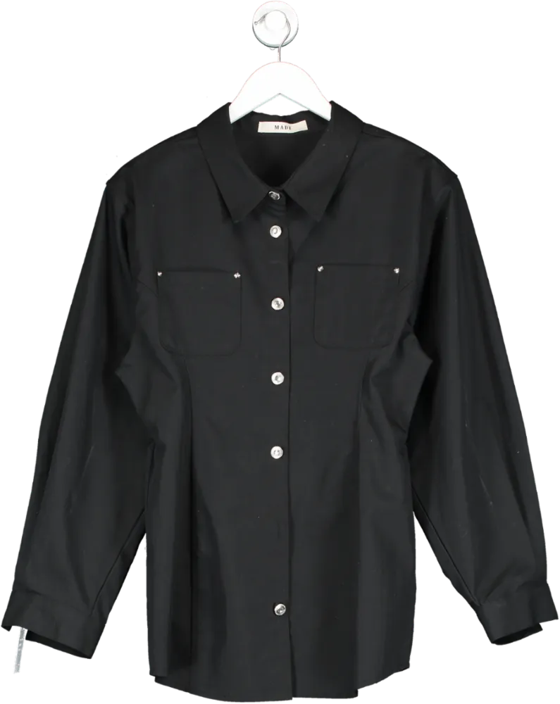 Made Black Padded Shoulder Denim Shirt Dress UK S