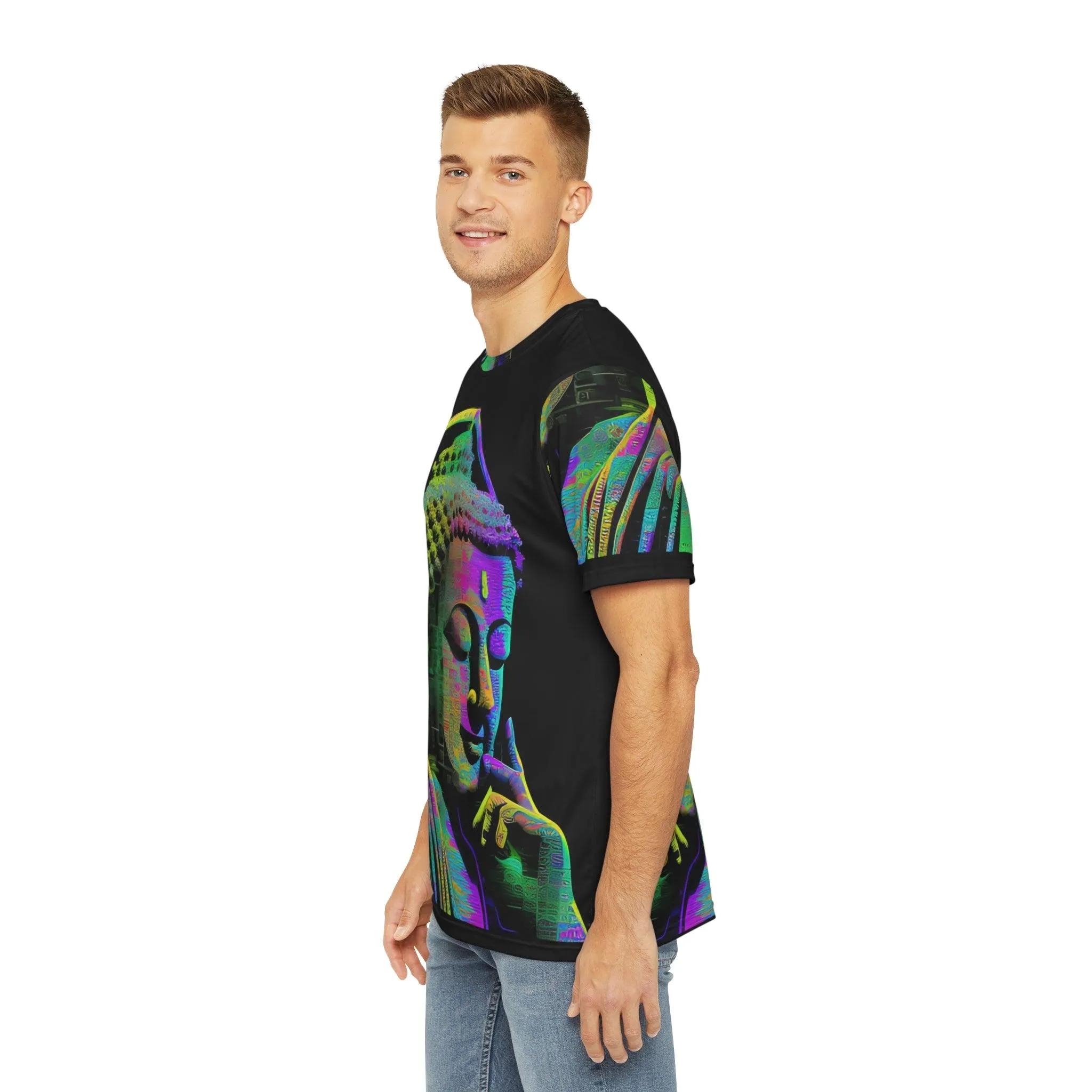 Meta Zen Music Buddha Subtle Smile Sublimation Men's / Unisex Polyester Digital AI Art T- Shirt (AOP) for Street or  Festival Wear