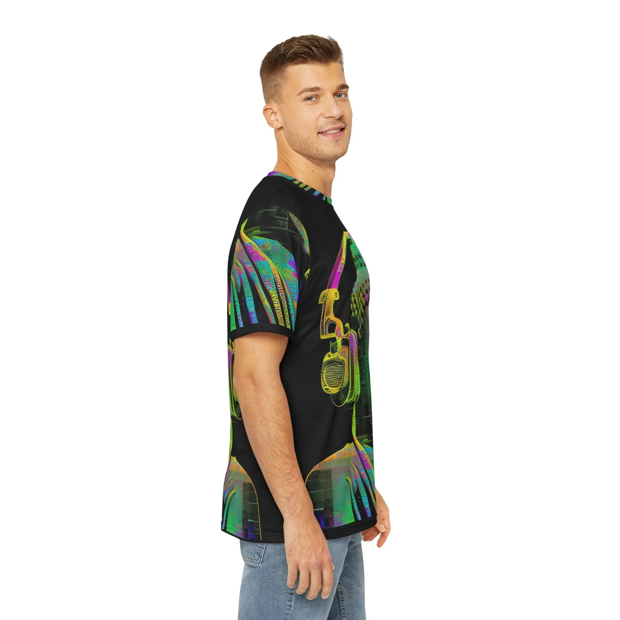 Meta Zen Music Buddha Subtle Smile Sublimation Men's / Unisex Polyester Digital AI Art T- Shirt (AOP) for Street or  Festival Wear