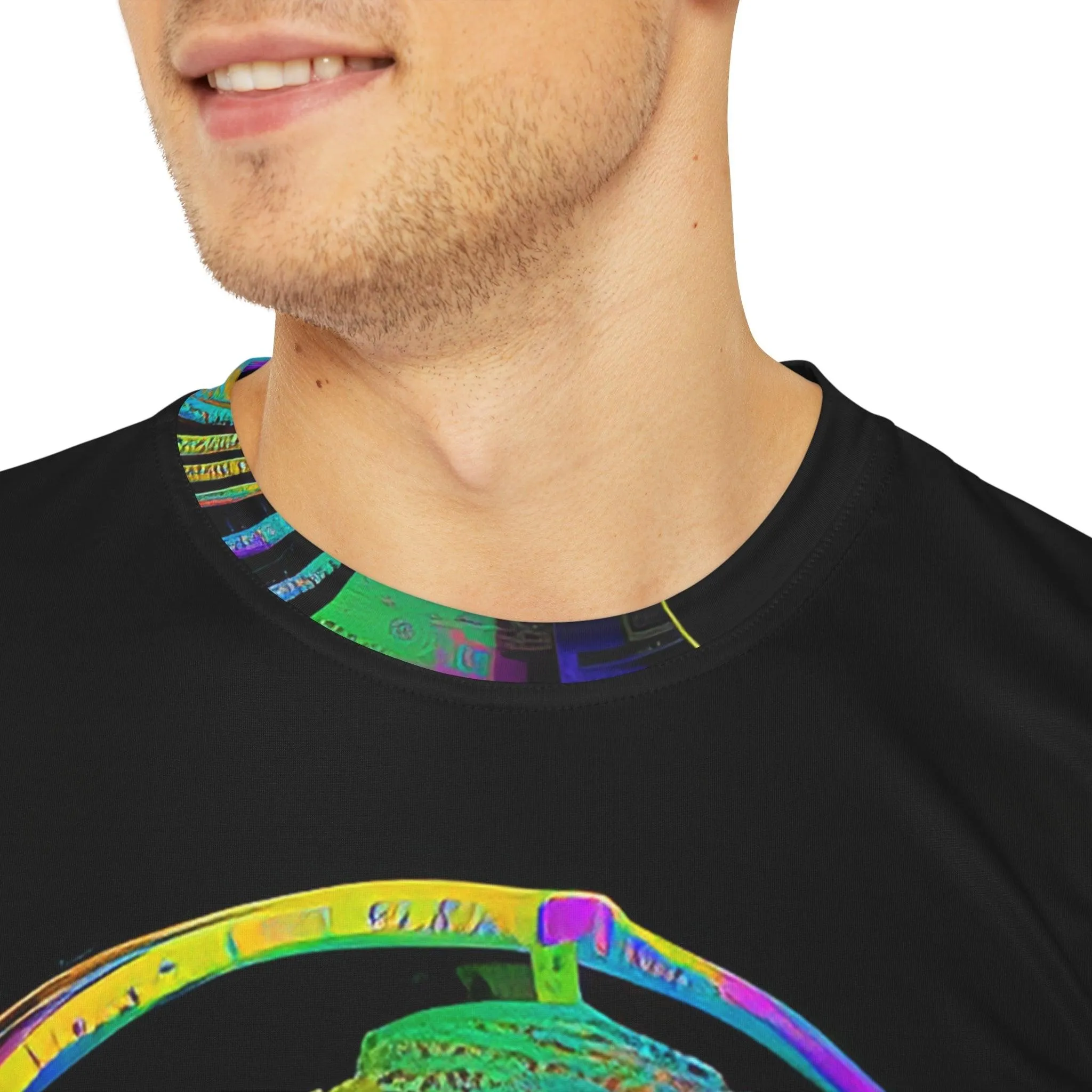 Meta Zen Music Buddha Subtle Smile Sublimation Men's / Unisex Polyester Digital AI Art T- Shirt (AOP) for Street or  Festival Wear