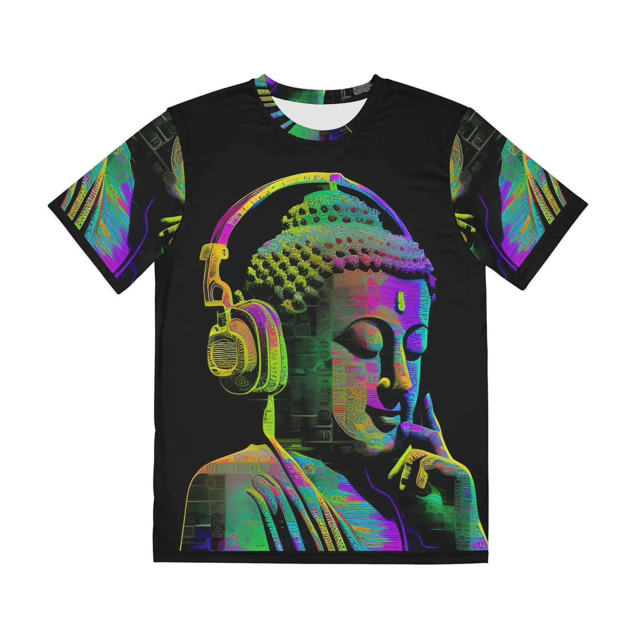 Meta Zen Music Buddha Subtle Smile Sublimation Men's / Unisex Polyester Digital AI Art T- Shirt (AOP) for Street or  Festival Wear