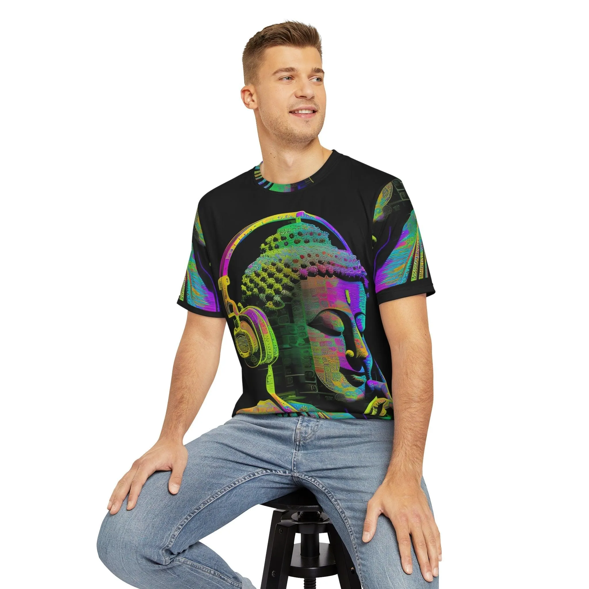 Meta Zen Music Buddha Subtle Smile Sublimation Men's / Unisex Polyester Digital AI Art T- Shirt (AOP) for Street or  Festival Wear