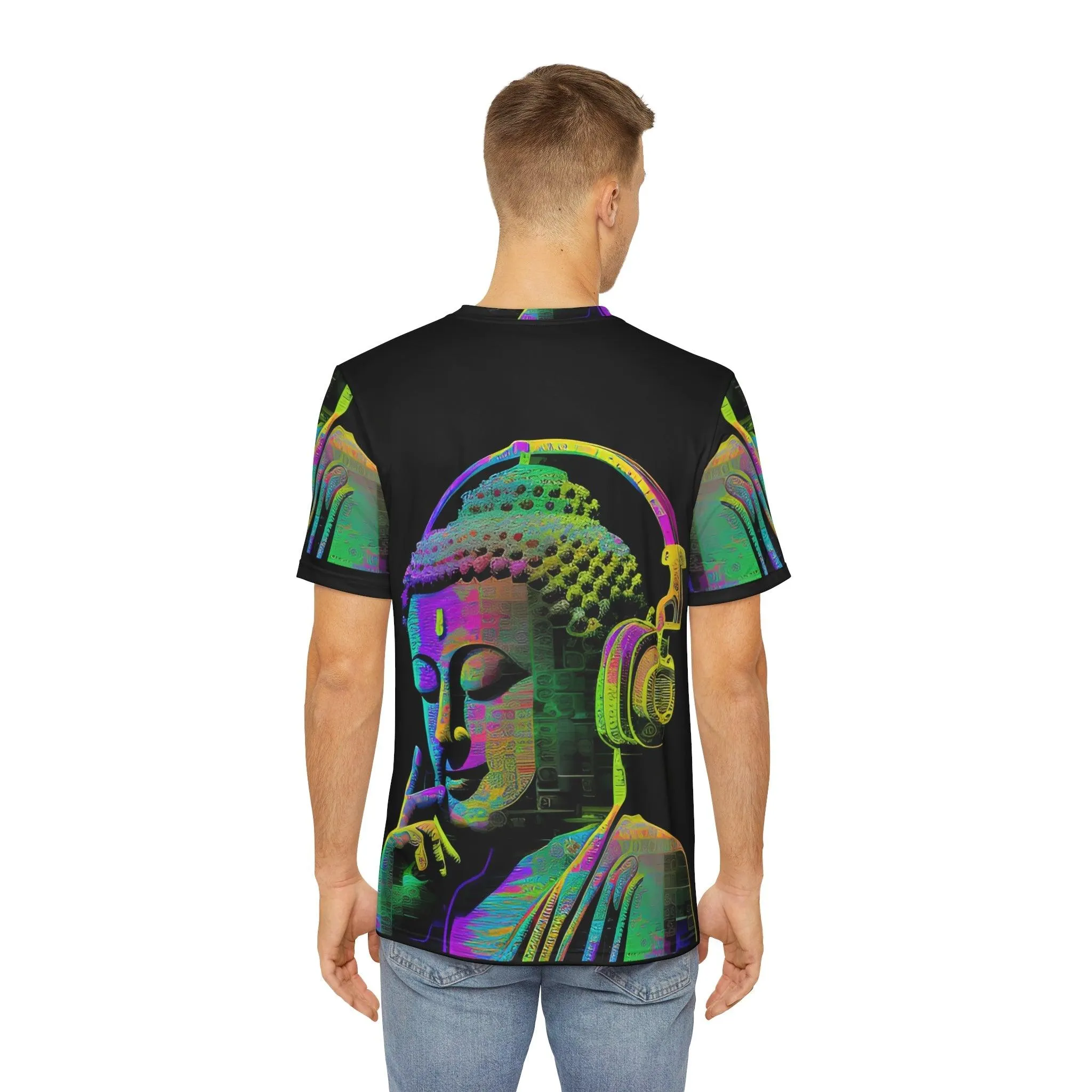 Meta Zen Music Buddha Subtle Smile Sublimation Men's / Unisex Polyester Digital AI Art T- Shirt (AOP) for Street or  Festival Wear