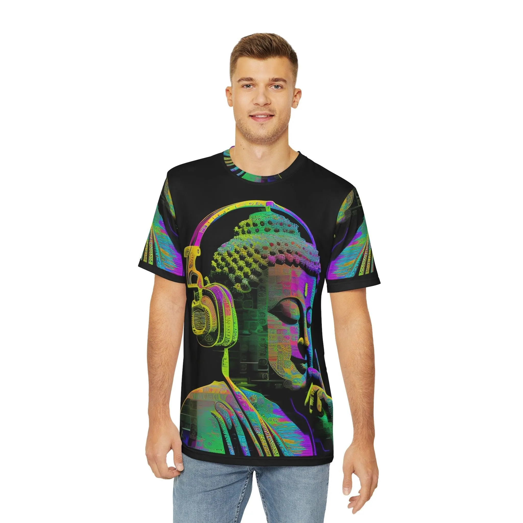 Meta Zen Music Buddha Subtle Smile Sublimation Men's / Unisex Polyester Digital AI Art T- Shirt (AOP) for Street or  Festival Wear