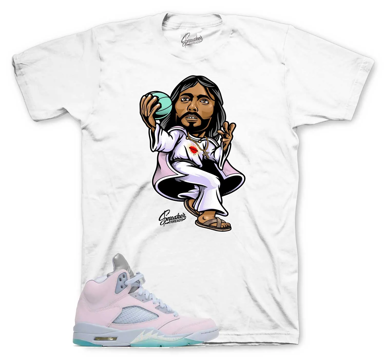 Retro 5 Regal Pink Easter Shirt - Air Jesus - White