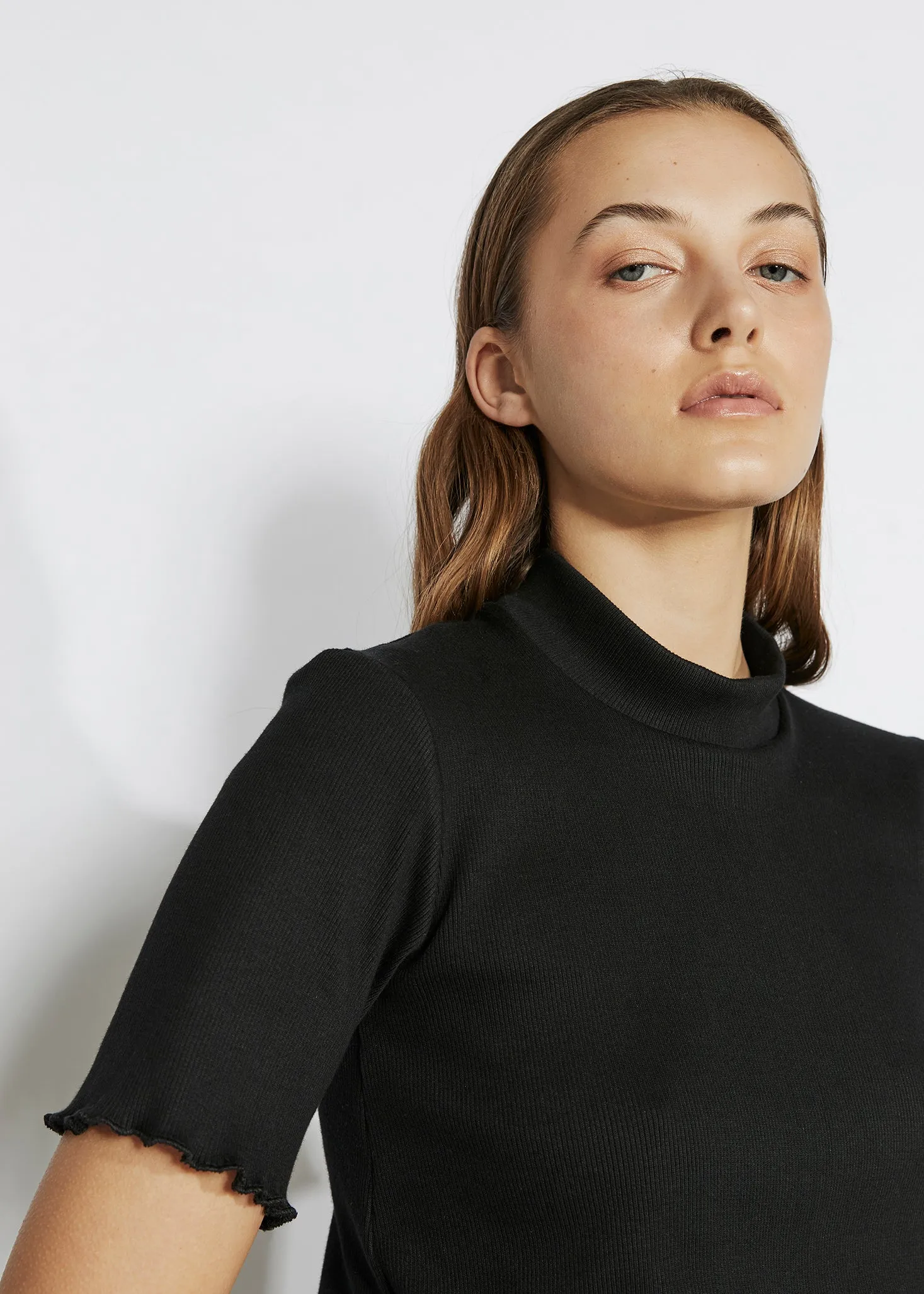 RIBBED MOCK NECK TEE ~ BLACK [ Cotton, Short Sleeved ]