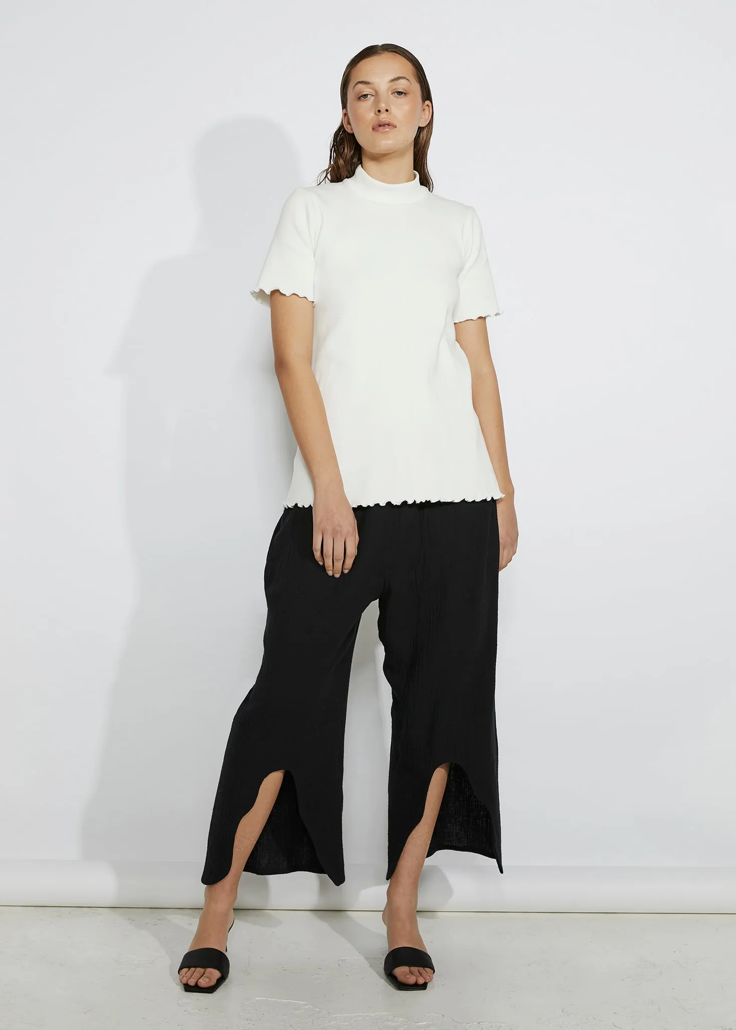 RIBBED MOCK NECK TEE ~ WHITE [ Cotton, Short Sleeved ]