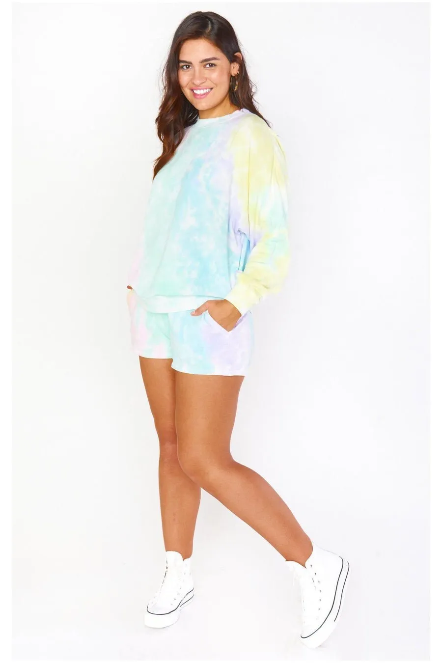 Show Me Your Mumu Tie Dye Girlfriend Shorts as seen on Chloe Meadows