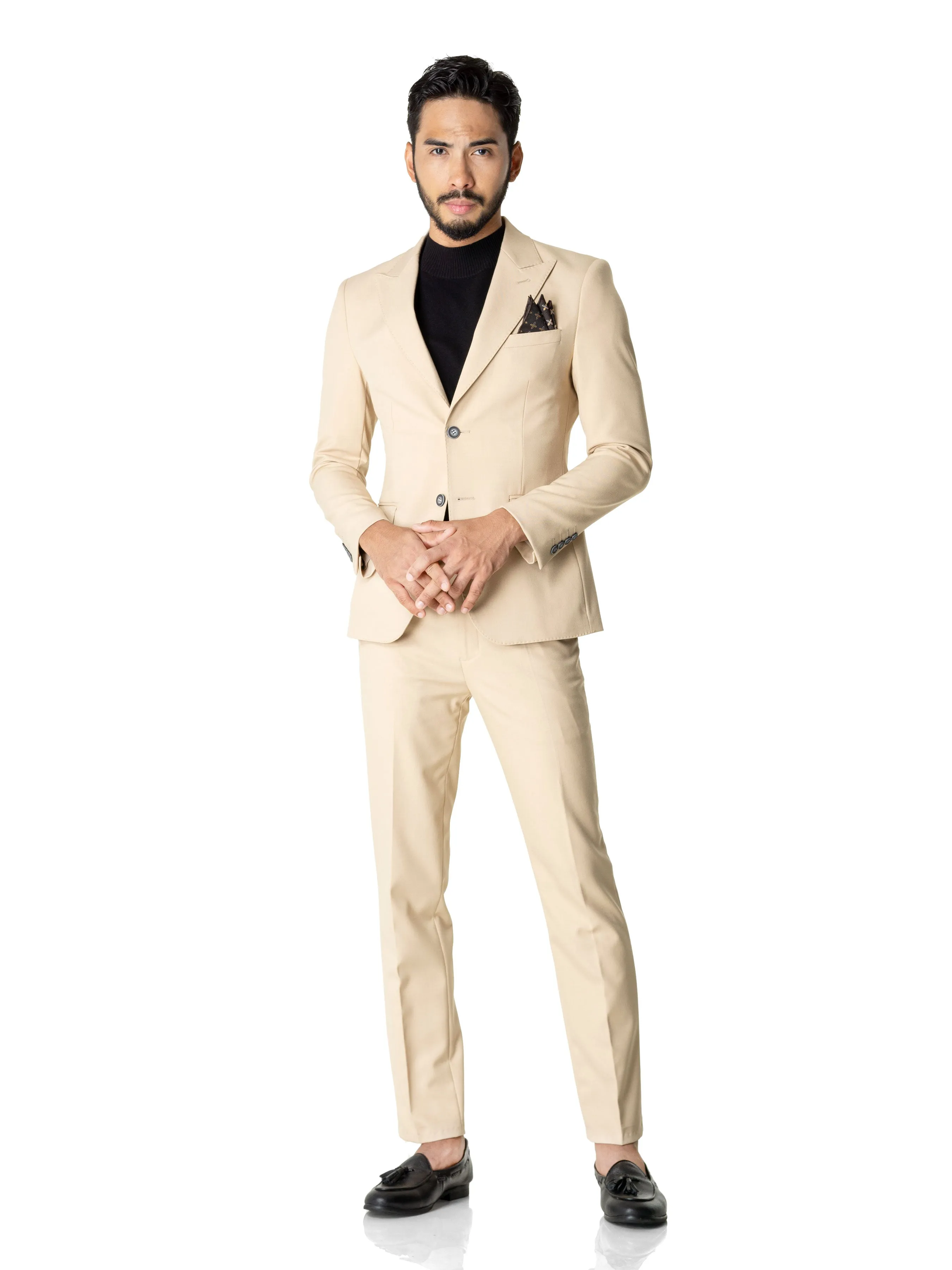 Single Breasted Suit Blazer - Beige Plain (Peak Lapel)