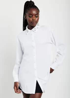 The Embellished Collar Woven Top in Milk