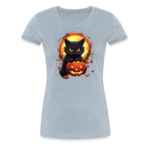 Women's 'Frightful Feline & Jack-O'-Lantern' Premium Tee: Where Halloween Classics Meet Chic Comfort