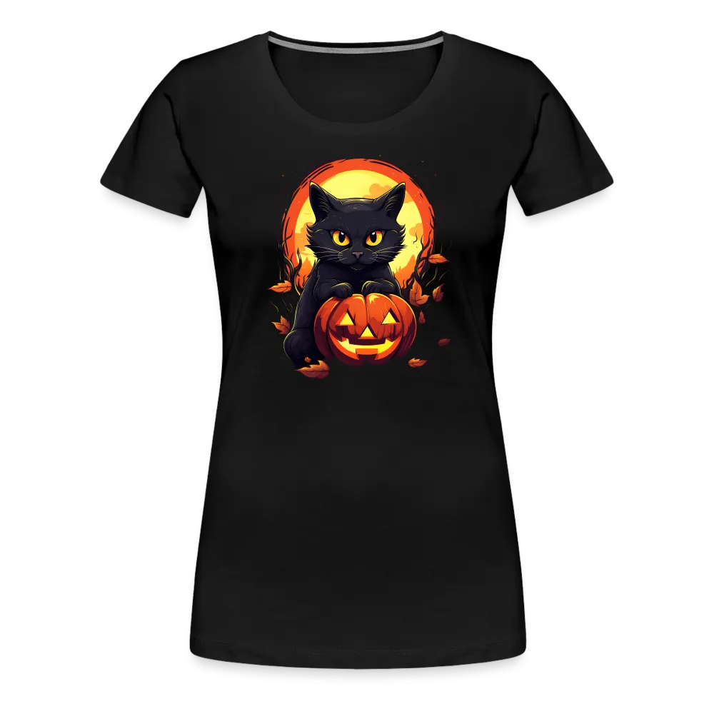 Women's 'Frightful Feline & Jack-O'-Lantern' Premium Tee: Where Halloween Classics Meet Chic Comfort