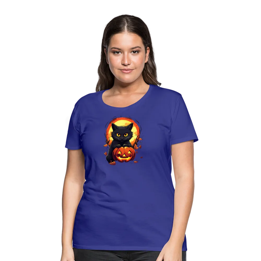 Women's 'Frightful Feline & Jack-O'-Lantern' Premium Tee: Where Halloween Classics Meet Chic Comfort